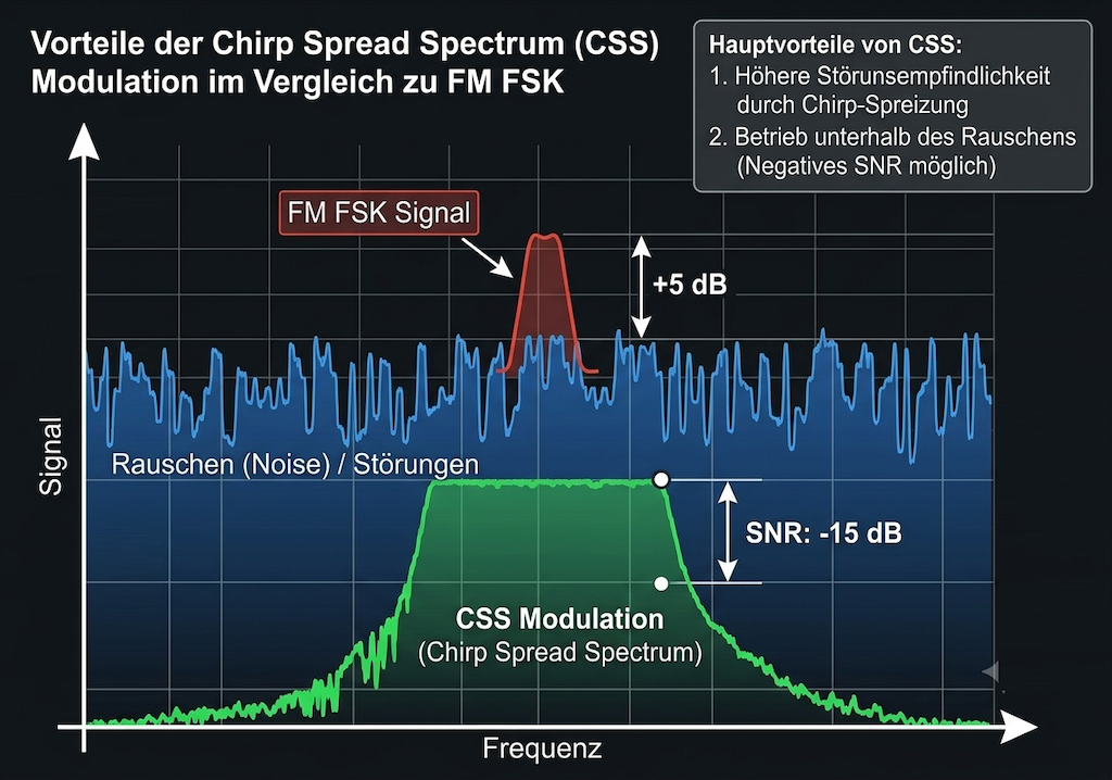 Diagramm: Ein FM-FSK-Signal ragt +5 dB über das Rauschen, während das CSS-Signal bei −15 dB SNR unterhalb des Rauschens liegt und trotzdem dekodierbar ist
